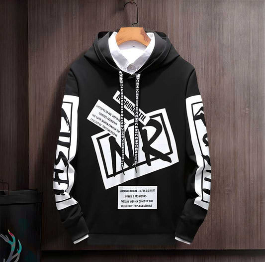 Cotton Blend Printed Full Sleeves Men's Hooded Neck T-Shirt